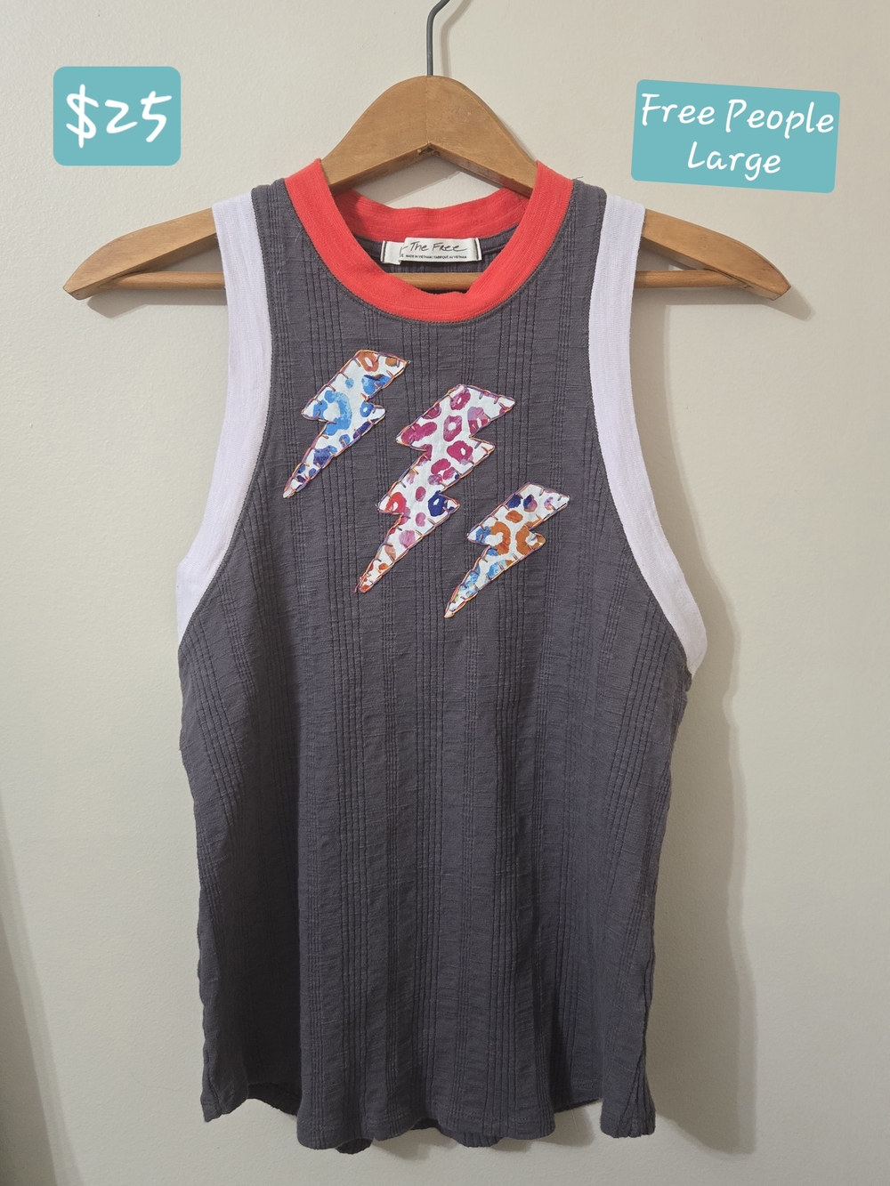 Free‎ People Charcoal Tank with Lightning Patchwork Applique Size  Large